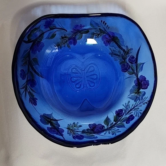 HANDPAINTED Cobalt Blue Bowl Floral Serving Dish Large Butterfly Roses Dimpled - Picture 8 of 14